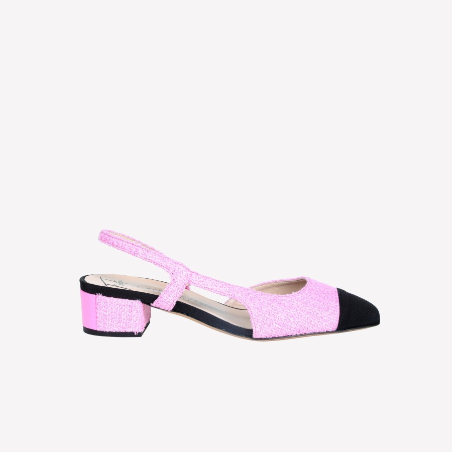 Roberto Festa Slingback In Tweed Pink Con Puntina Nera Rosette Slingback