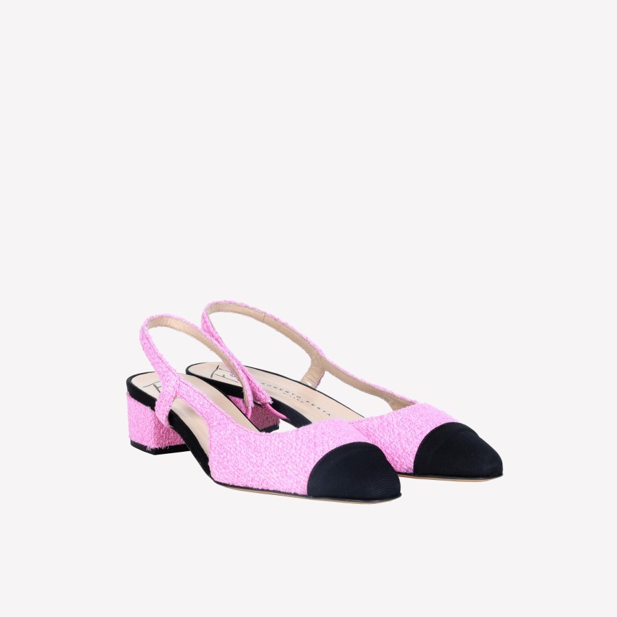 Roberto Festa Slingback In Tweed Pink Con Puntina Nera Rosette Slingback