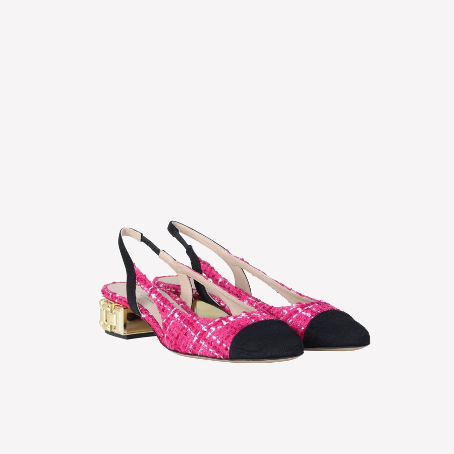 Roberto Festa Slingback In Tweed Cherry Con Punta Nera E Tacco Catena Oro Aurelia Slingback