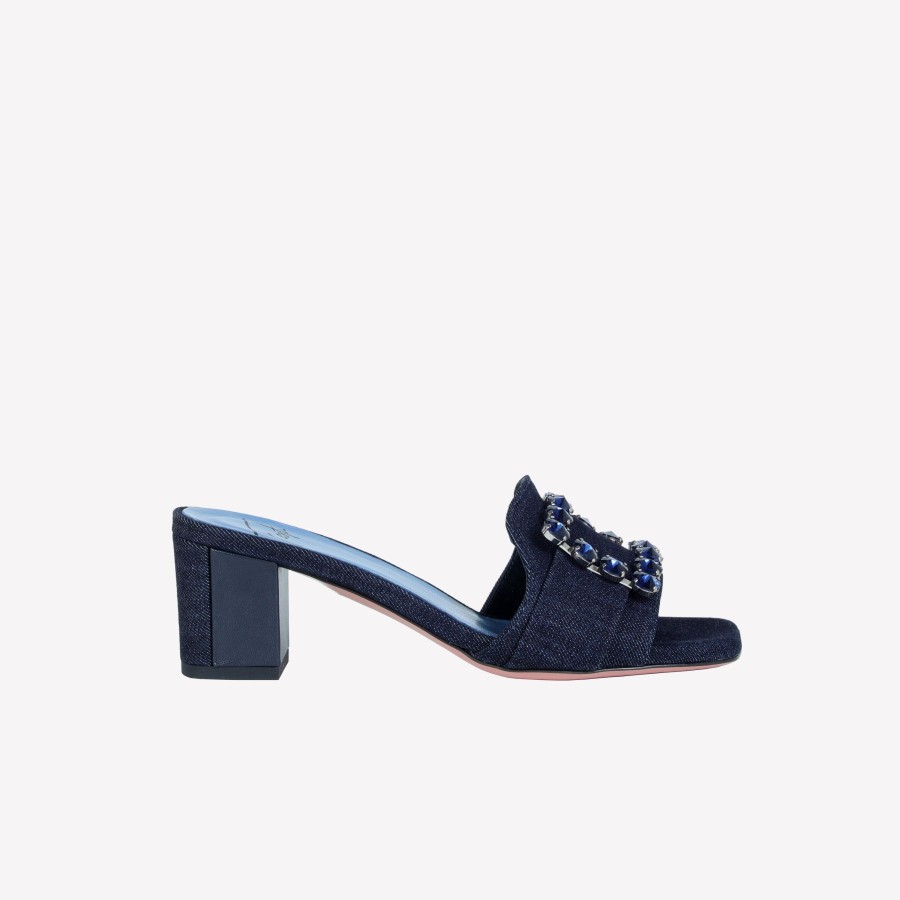 Roberto Festa Sandalo Slider In Denim Con Accessorio Strass In Tinta Basa Slides E Sabot