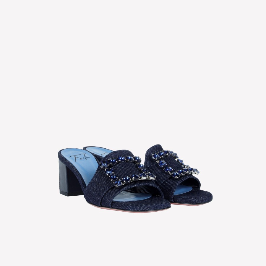 Roberto Festa Sandalo Slider In Denim Con Accessorio Strass In Tinta Basa Slides E Sabot