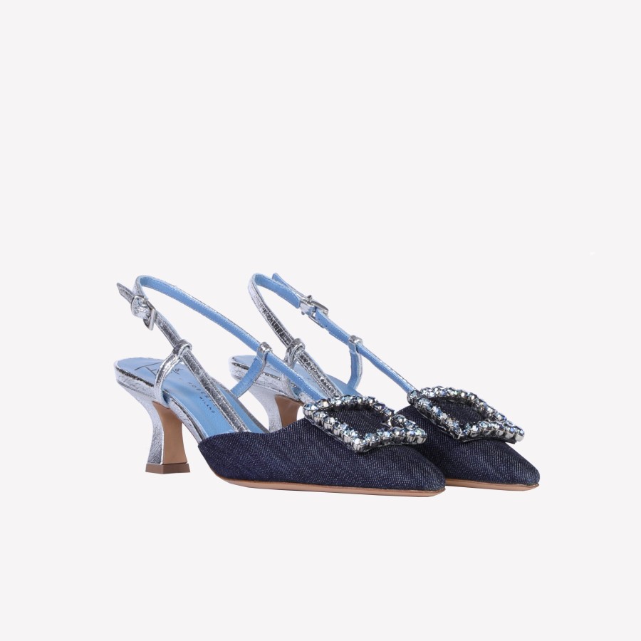 Roberto Festa Slingback In Jeans Denim Con Accessorio Strass Stefy Slingback