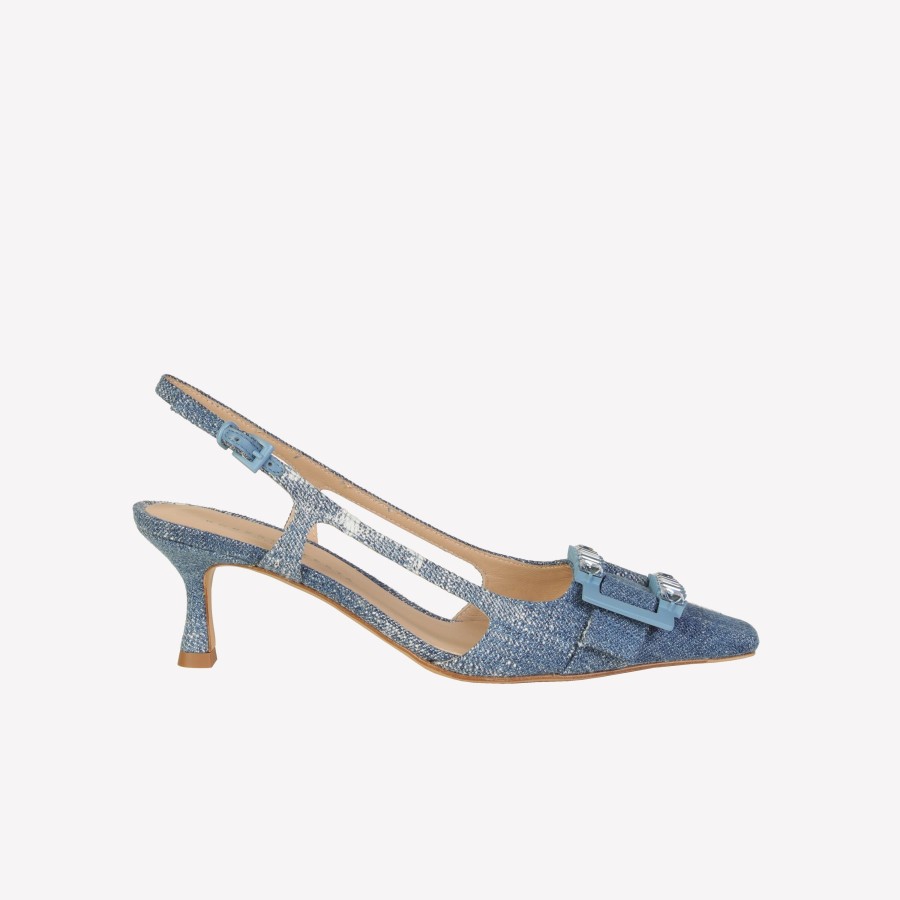 Roberto Festa Slingback In Jeans Vintage Con Accessorio Fibbia Strass In Tinta Atena Slingback