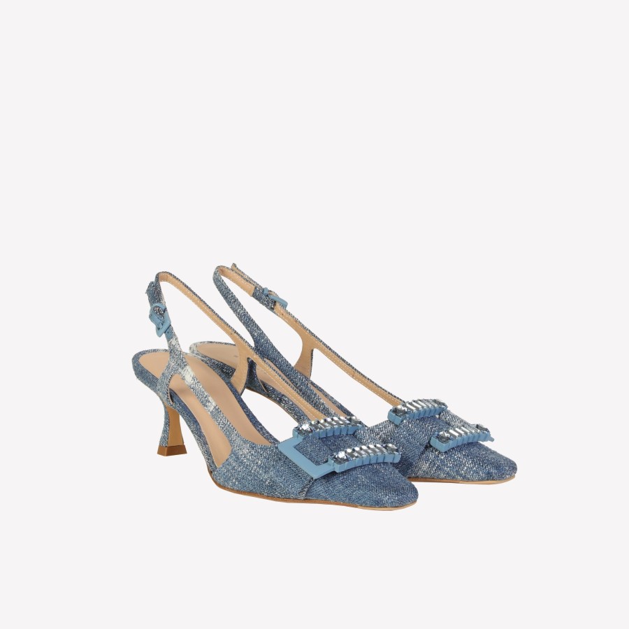 Roberto Festa Slingback In Jeans Vintage Con Accessorio Fibbia Strass In Tinta Atena Slingback