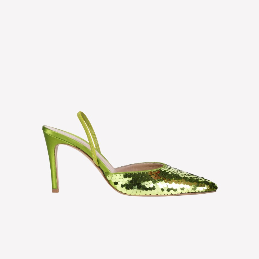 Roberto Festa Slingback In Raso Di Seta Con Paillettes Pistacchio Posik Slingback