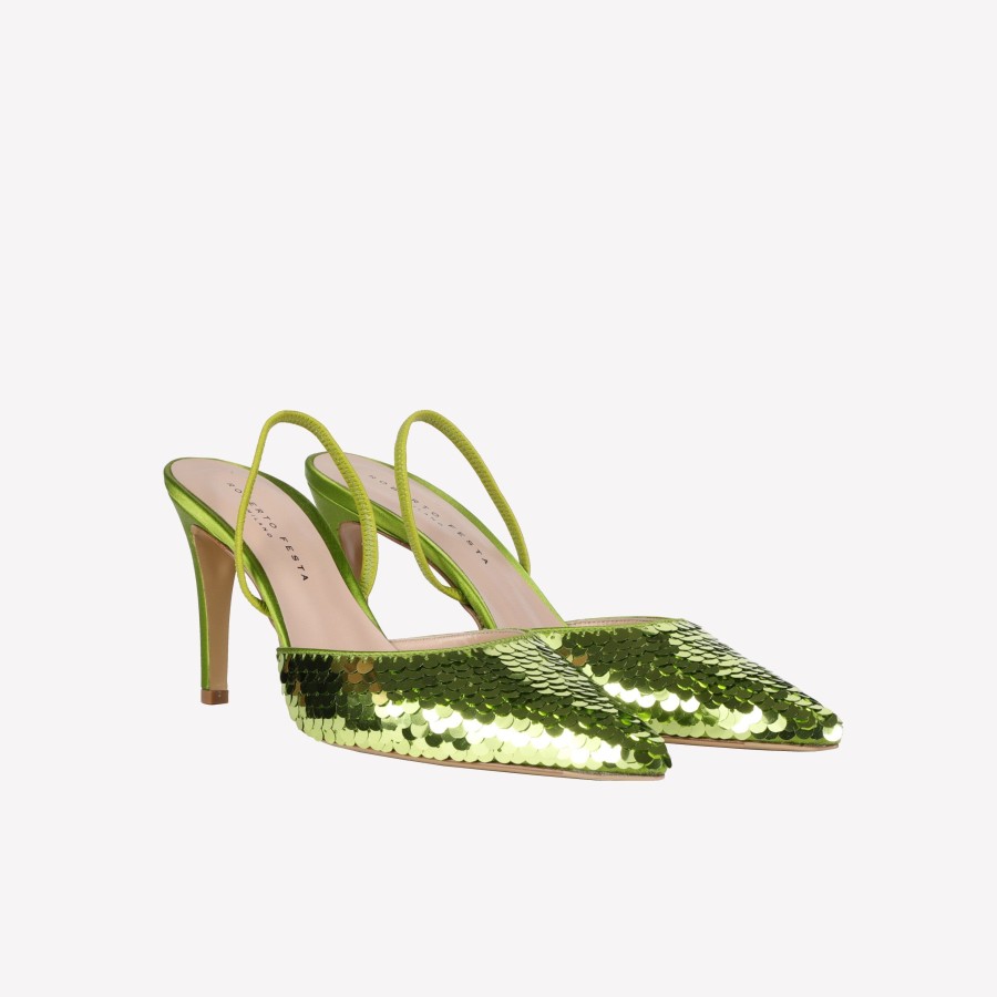 Roberto Festa Slingback In Raso Di Seta Con Paillettes Pistacchio Posik Slingback