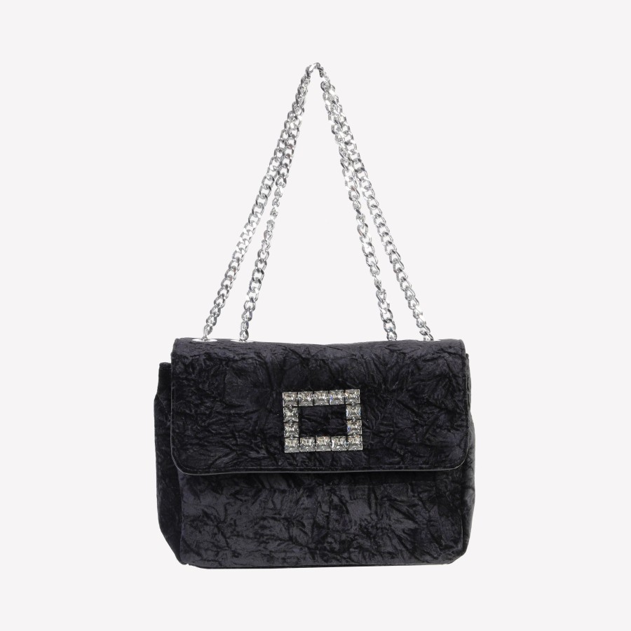 Roberto Festa Borsa A Spalla In Velluto Nero Con Accessorio Strass Tropea Lux Borse