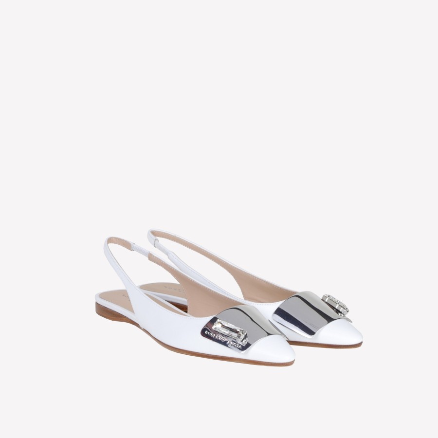 Roberto Festa Slingback Flat In Softy Bianco Con Accessorio Placca E Strass In Tinta Rex Slingback