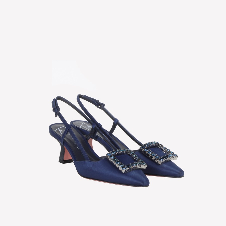 Roberto Festa Slingback In Raso Oceano Con Accessorio Strass In Tinta Stefy Slingback