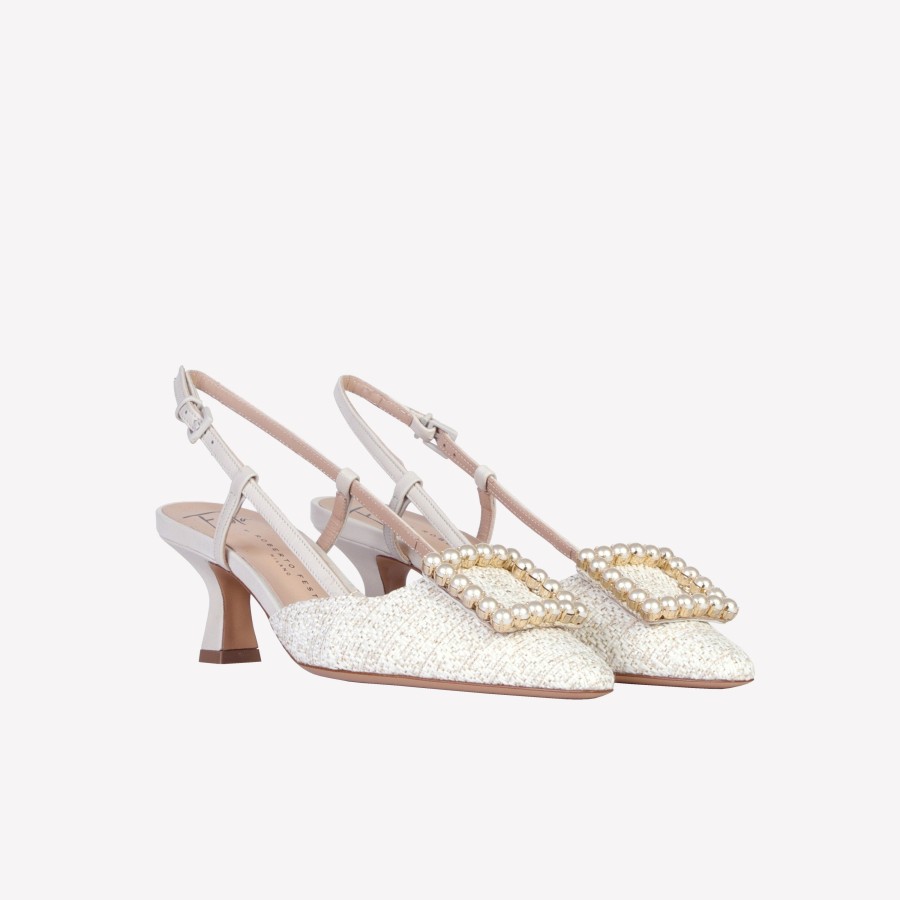 Roberto Festa Slingback In Tweed Beige Con Accessorio Strass Stefy Slingback