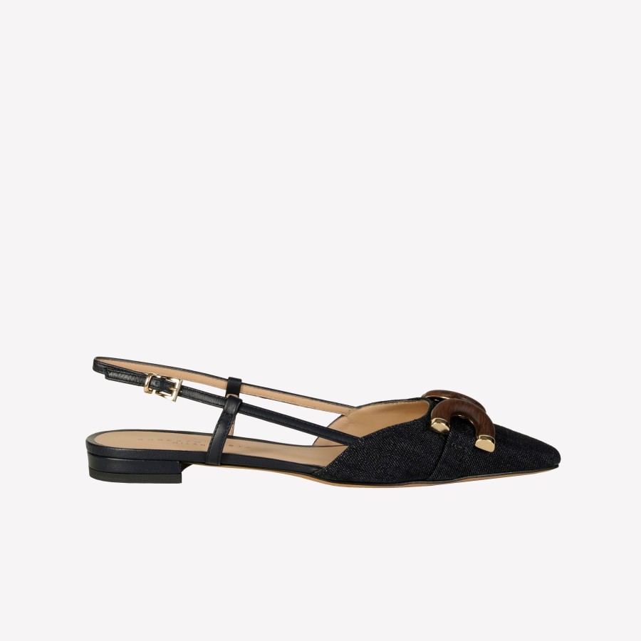 Roberto Festa Slingback Flat In Jeans Denim Con Accessorio In Legno Cally Slingback