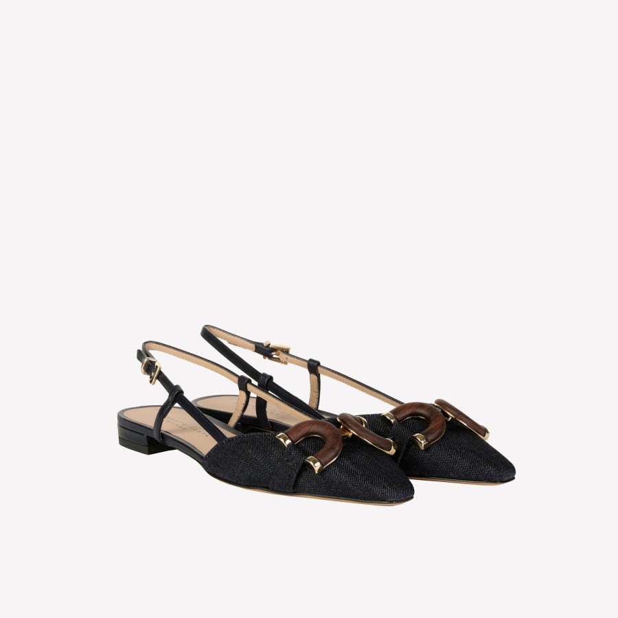 Roberto Festa Slingback Flat In Jeans Denim Con Accessorio In Legno Cally Slingback