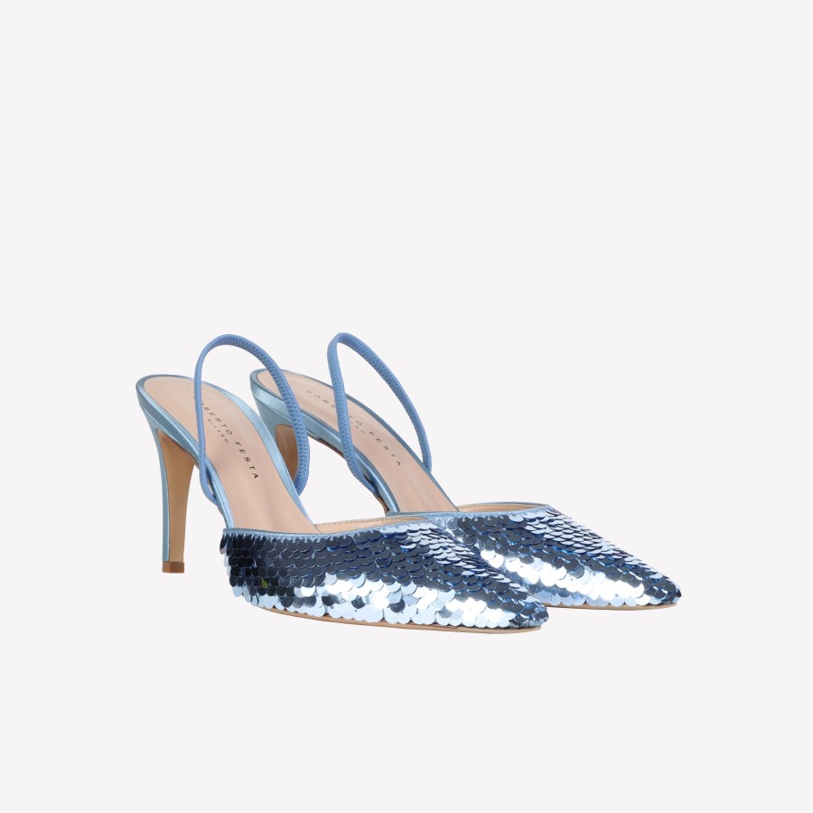 Roberto Festa Slingback In Raso Di Seta Con Paillettes Avio Posik Slingback