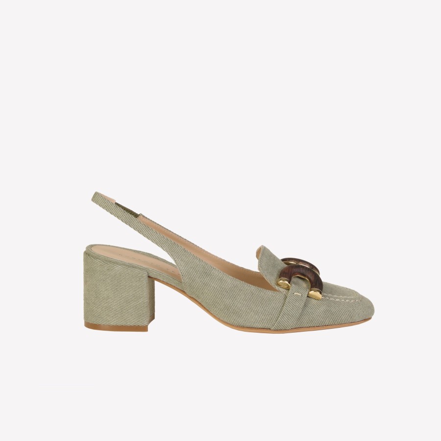 Roberto Festa Slingback In Jeans Kaki Con Accessorio In Legno Ibiza Slingback