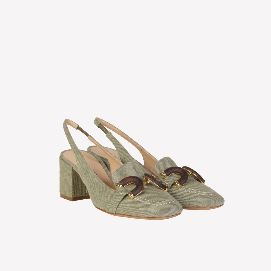 Roberto Festa Slingback In Jeans Kaki Con Accessorio In Legno Ibiza Slingback