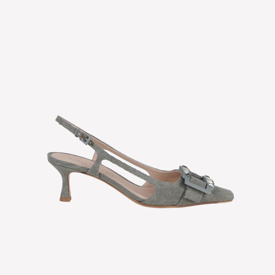 Roberto Festa Slingback In Jeans Kaki Con Accessorio Fibbia Strass In Tinta Atena Slingback