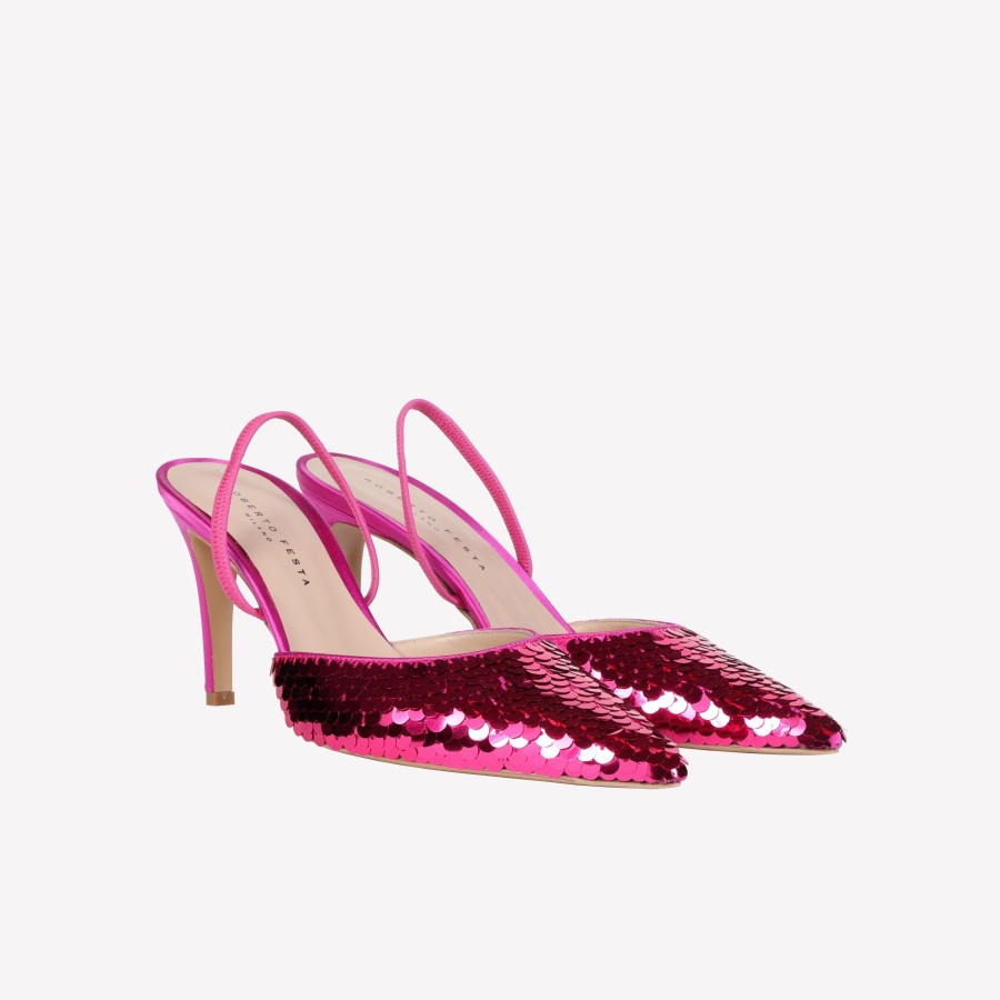 Roberto Festa Slingback In Raso Di Seta Con Paillettes Barbie Posik Slingback