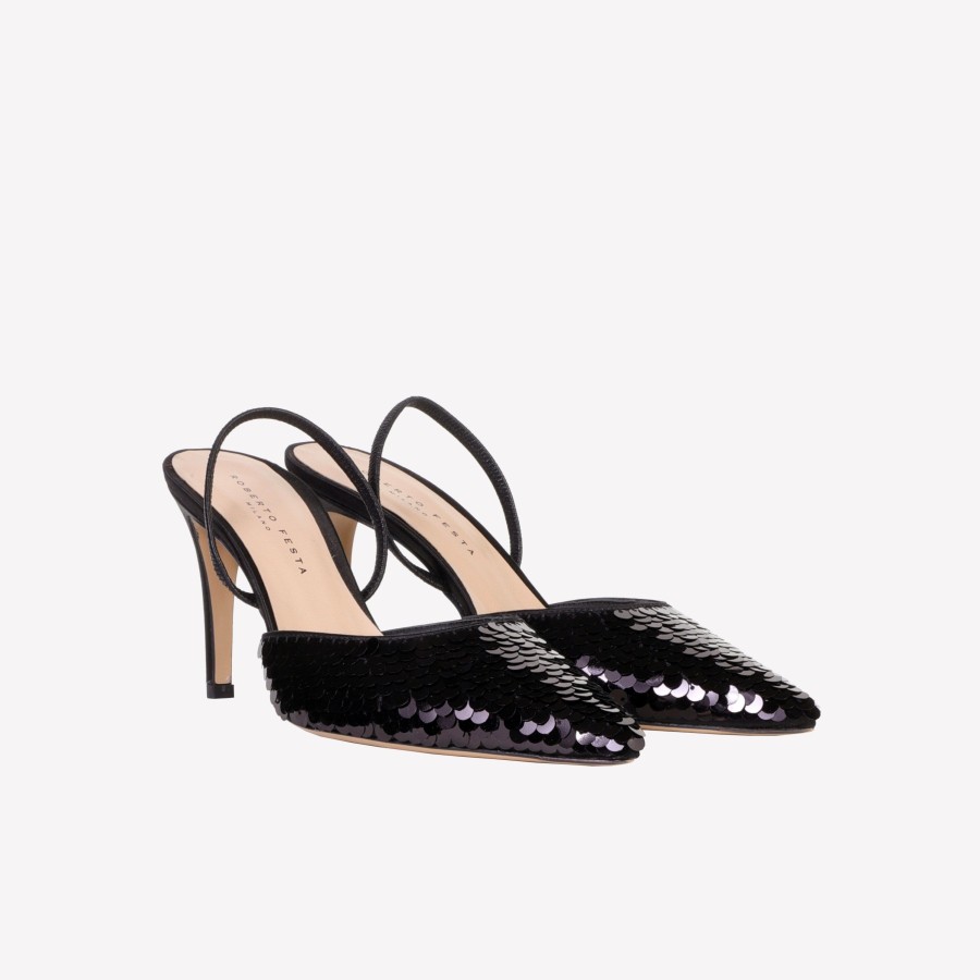 Roberto Festa Slingback In Raso Di Seta Con Paillettes Nero Posik Slingback