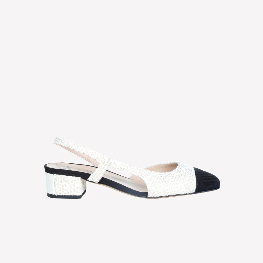 Roberto Festa Slingback In Tweed Bianco Con Puntina Nera Rosette Slingback