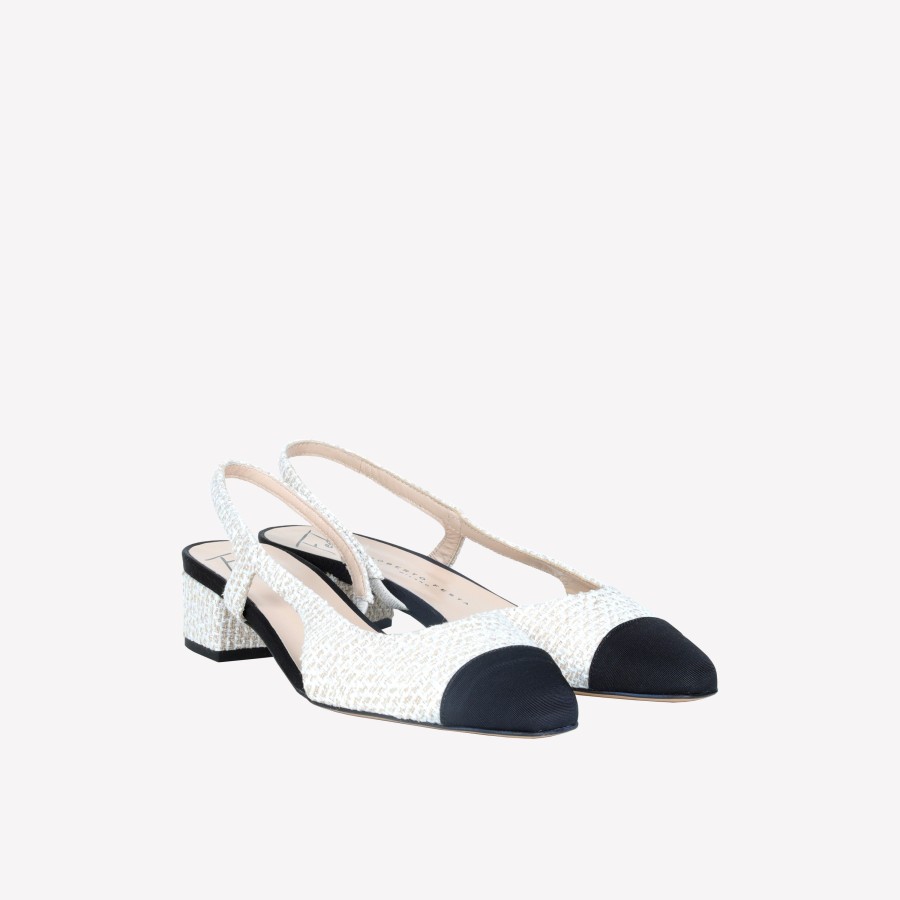 Roberto Festa Slingback In Tweed Bianco Con Puntina Nera Rosette Slingback