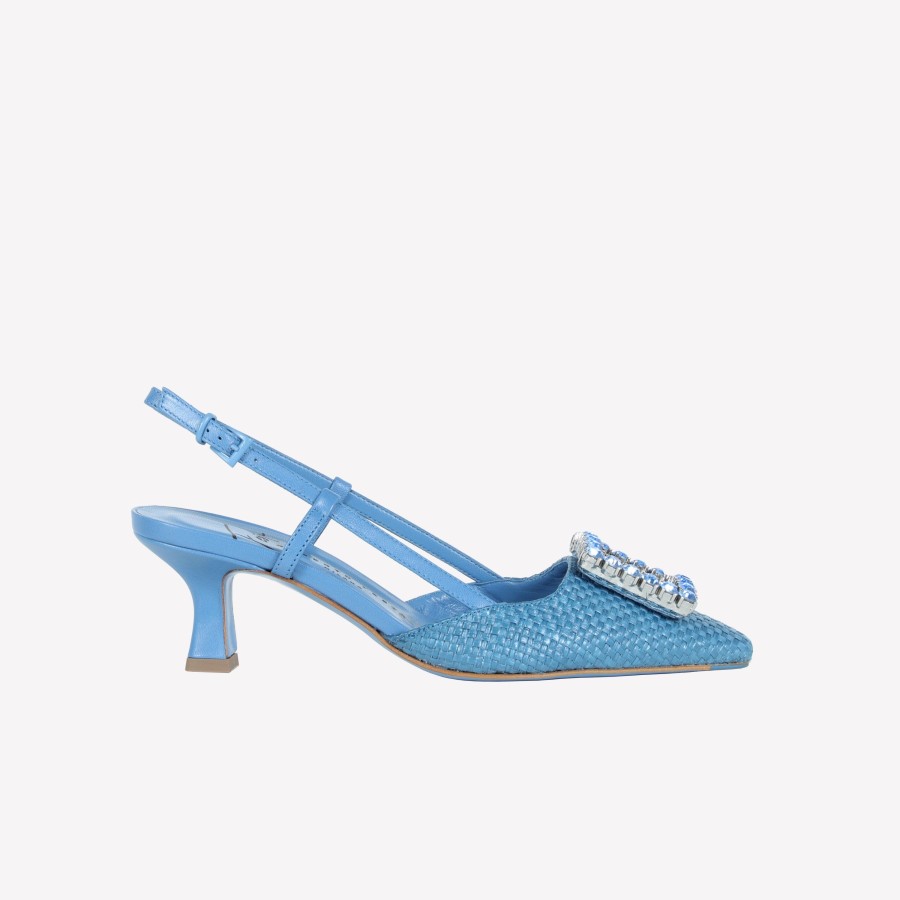 Roberto Festa Slingback In Raffia Jeans Con Accessorio Strass In Tinta Stefy Slingback