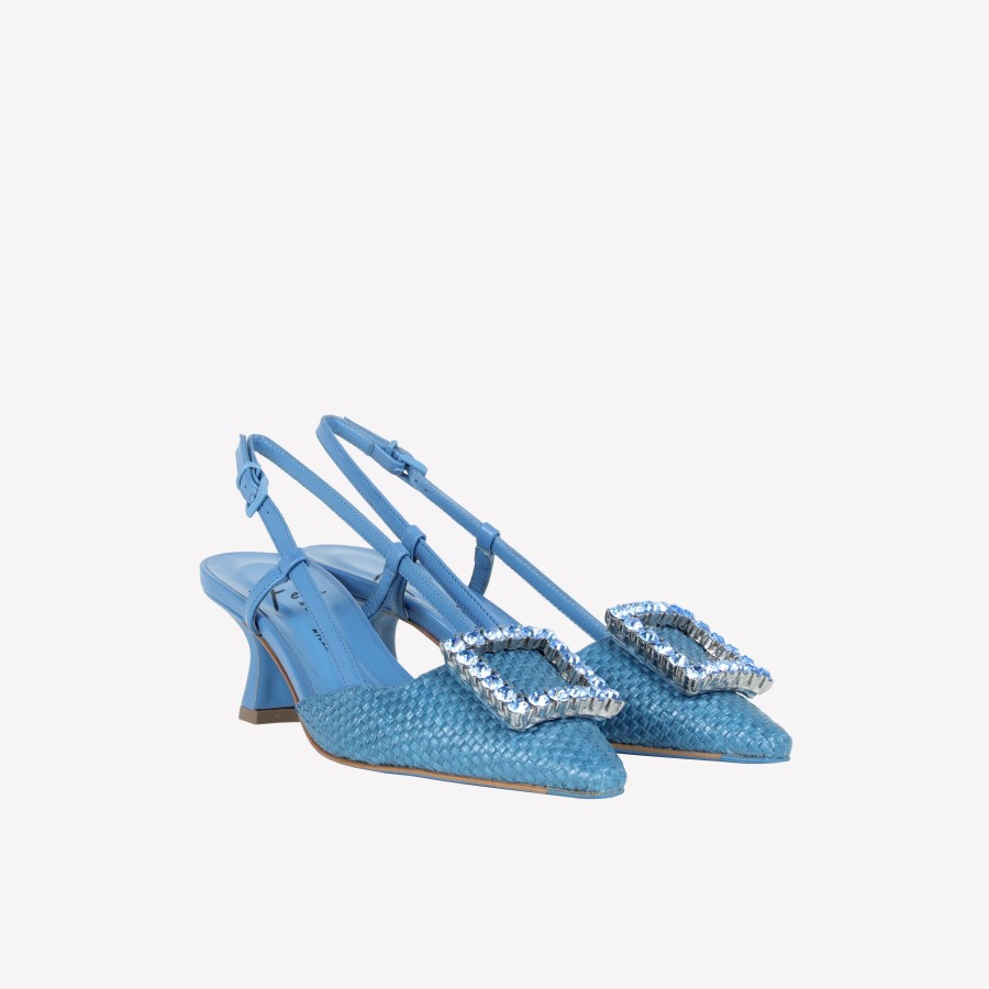 Roberto Festa Slingback In Raffia Jeans Con Accessorio Strass In Tinta Stefy Slingback