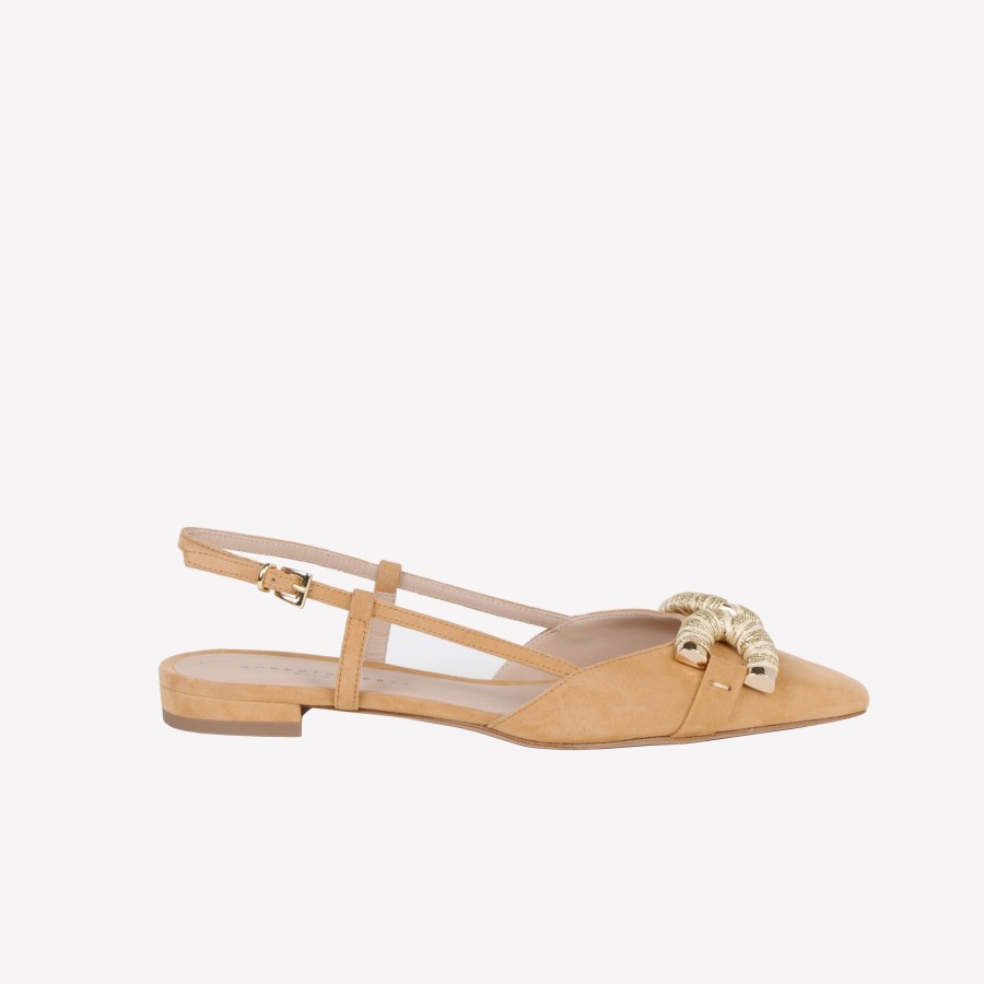 Roberto Festa Slingback Flat In Camoscio Corno Con Accessorio Rivestito In Raffia Naturale E Oro Cally Slingback