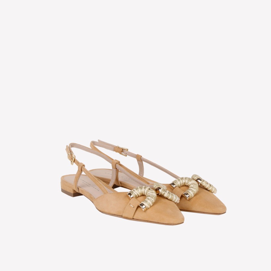 Roberto Festa Slingback Flat In Camoscio Corno Con Accessorio Rivestito In Raffia Naturale E Oro Cally Slingback