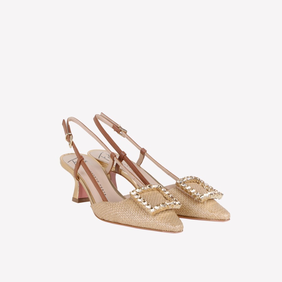 Roberto Festa Slingback In Raffia Cammello Con Accessorio Strass In Tinta Stefy Slingback