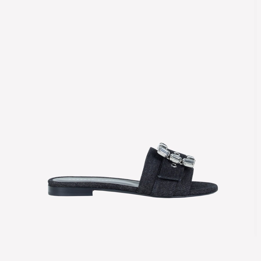 Roberto Festa Slider Flat In Jeans Nero Con Accessorio Strass In Tinta Fade Slides E Sabot