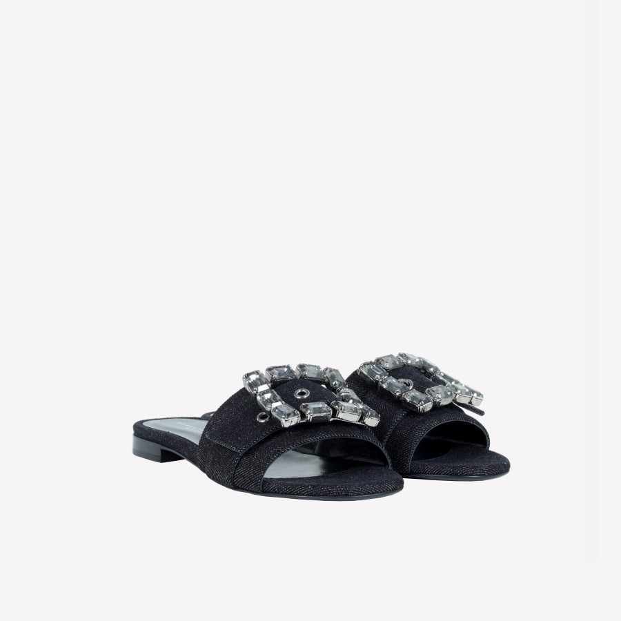 Roberto Festa Slider Flat In Jeans Nero Con Accessorio Strass In Tinta Fade Slides E Sabot