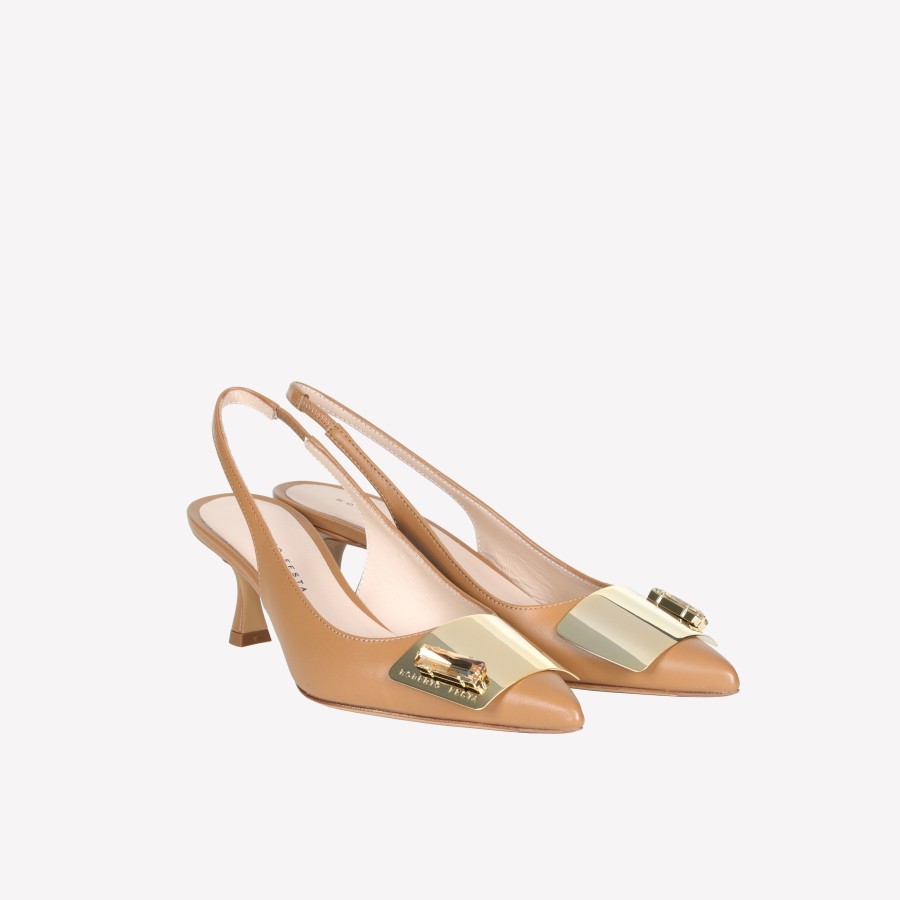 Roberto Festa Slingback In Softy Camel Con Accessorio Placca E Strass In Tinta Juzny Slingback