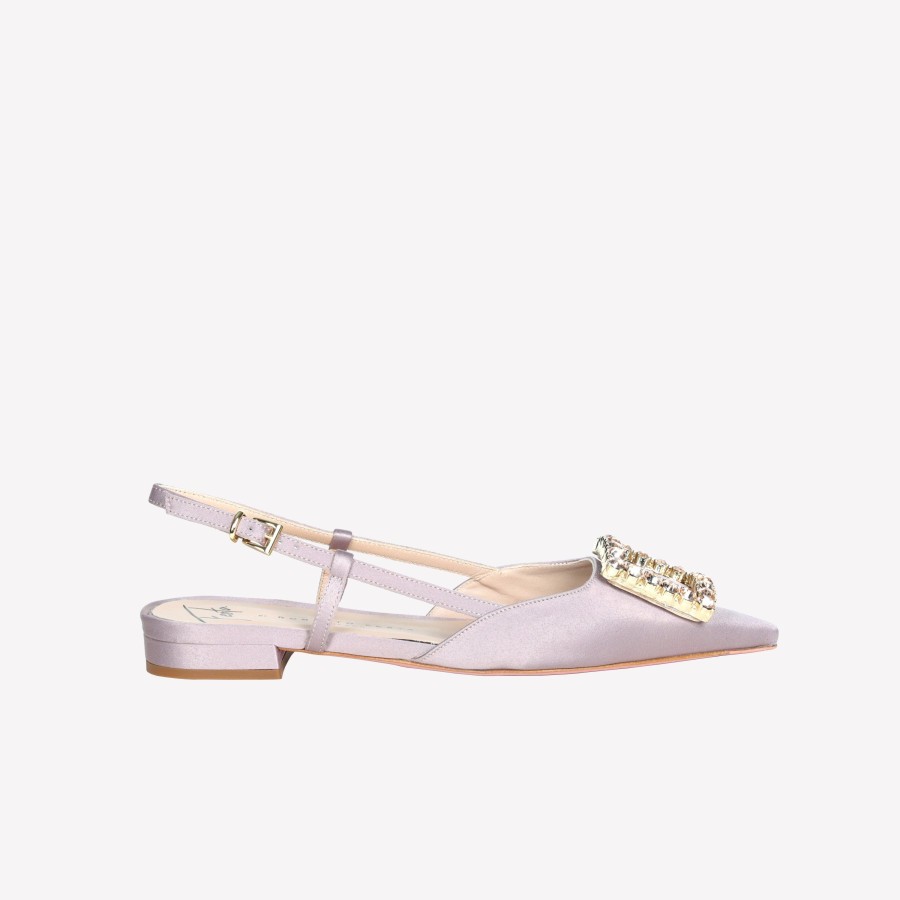 Roberto Festa Slingback In Raso Taupe Con Accessorio Strass In Tinta Lavanda Slingback