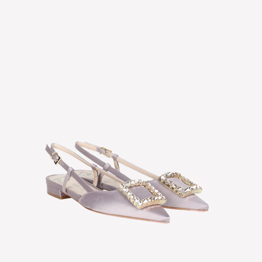 Roberto Festa Slingback In Raso Taupe Con Accessorio Strass In Tinta Lavanda Slingback