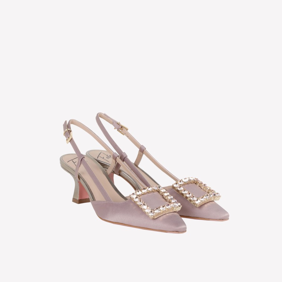 Roberto Festa Slingback In Raso Taupe Con Accessorio Strass In Tinta Stefy Slingback