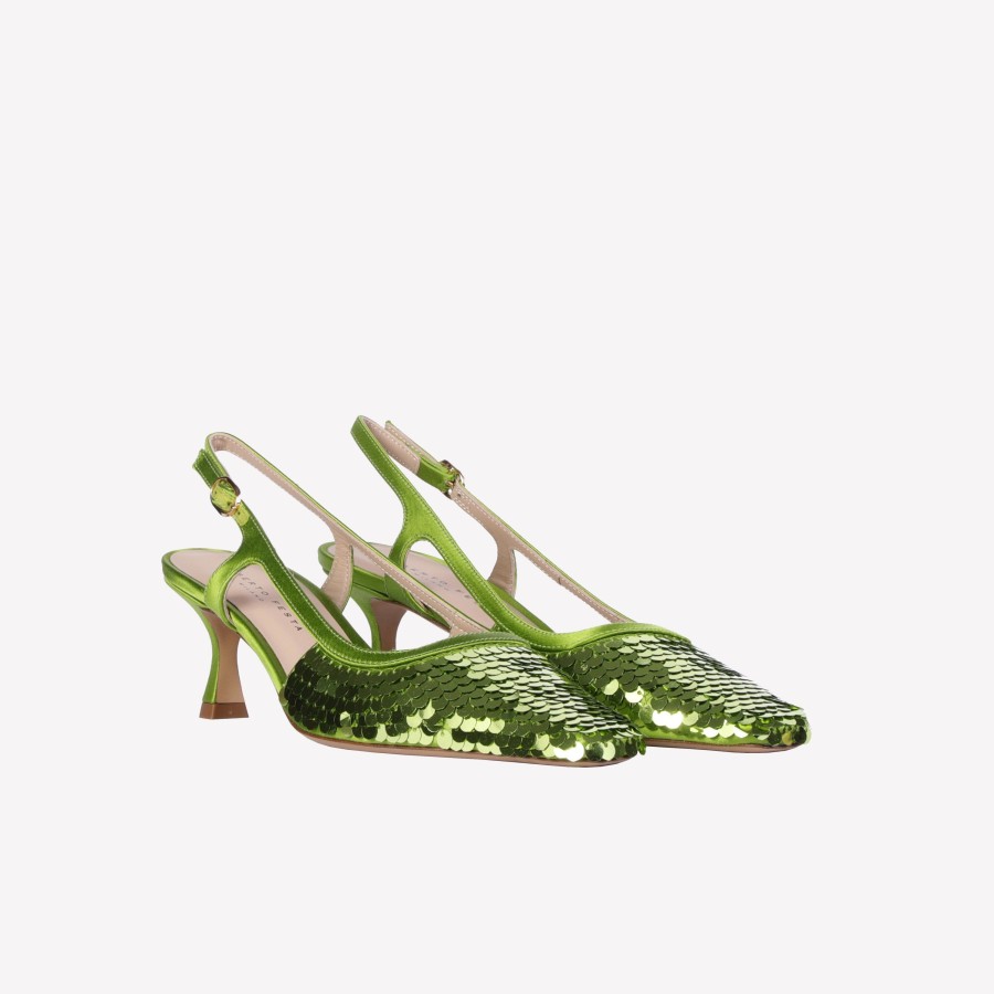 Roberto Festa Slingback In Raso Di Seta Con Paillettes Pistacchio Siviglia Slingback