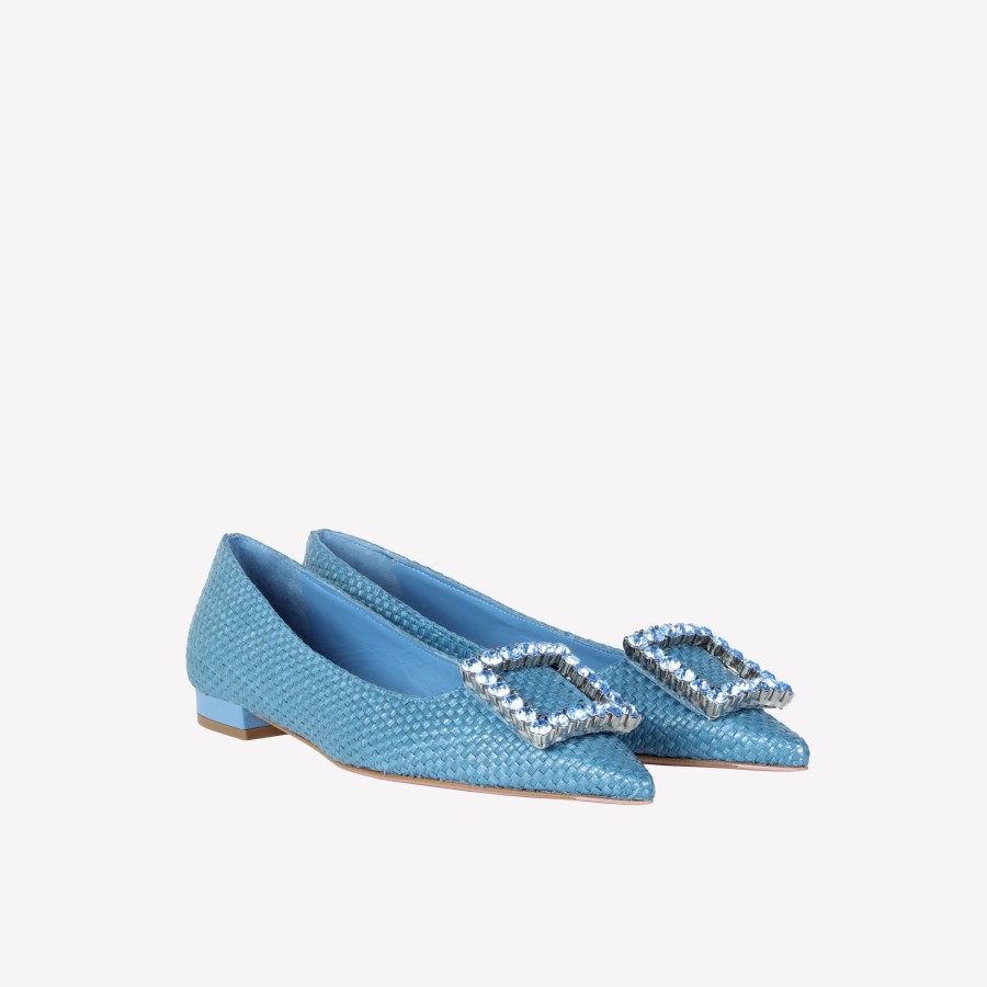 Roberto Festa Ballerina Flat In Raffia Jeans Con Accessorio Strass In Tinta Amaia Ballerine